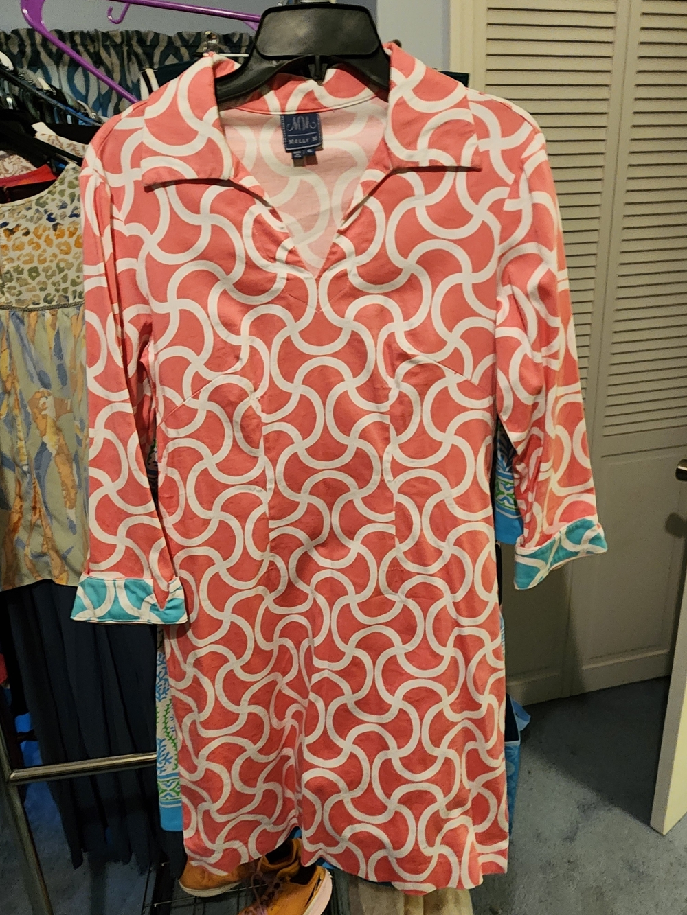 Melly M Coral and White Geometric Mini Dress